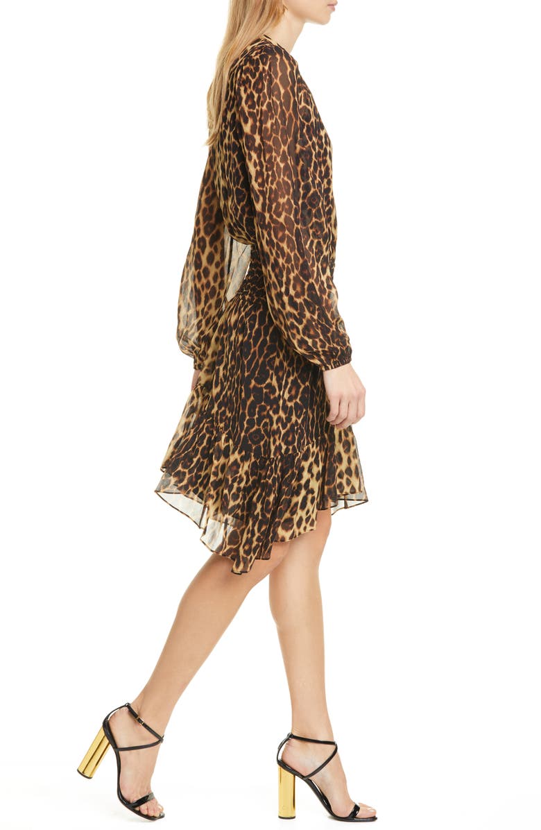 A.L.C. Sidney Leopard Print Long Sleeve Silk Dress, Alternate, color,