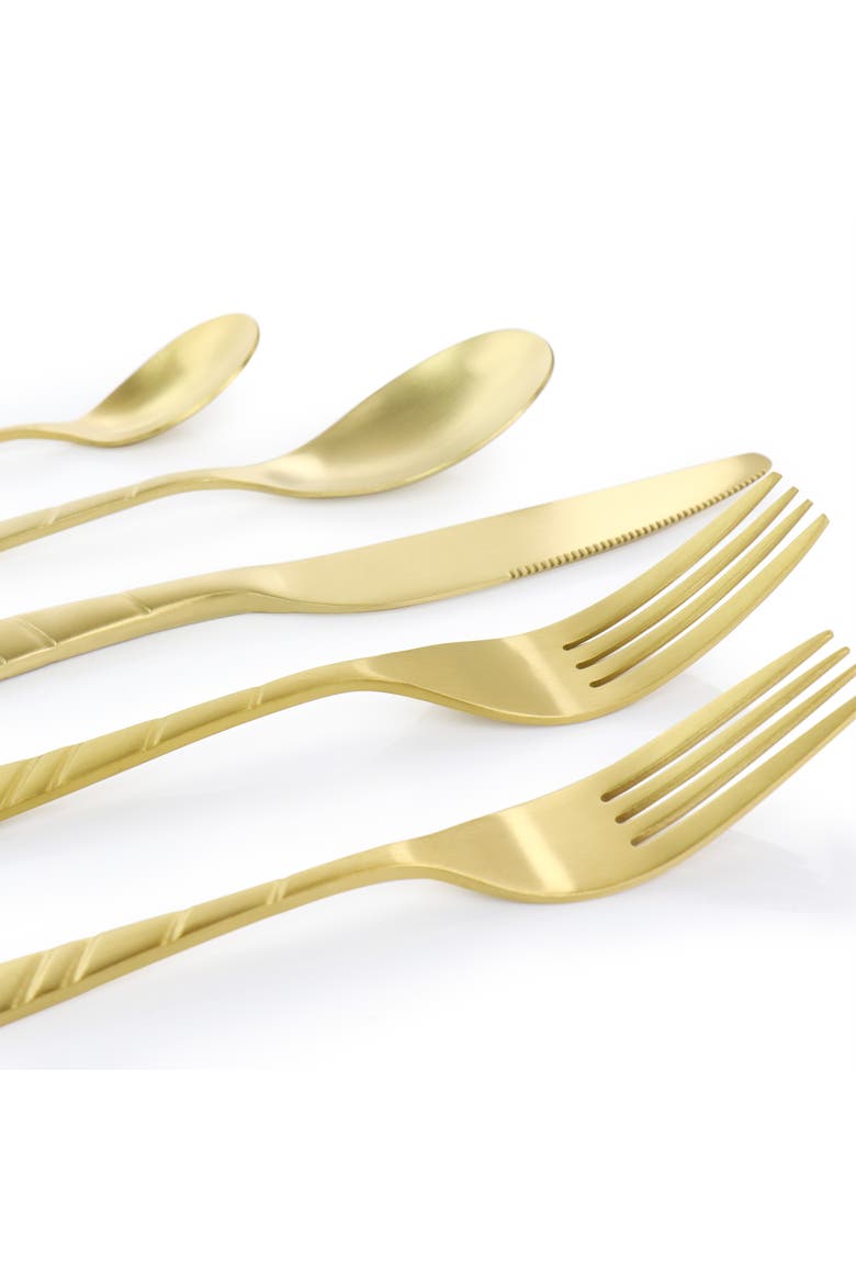 La Vague 20 Piece Flatware Utensil Set, Stainless Steel Silverware Metal Service for 4, Alternate, color, Matte Gold