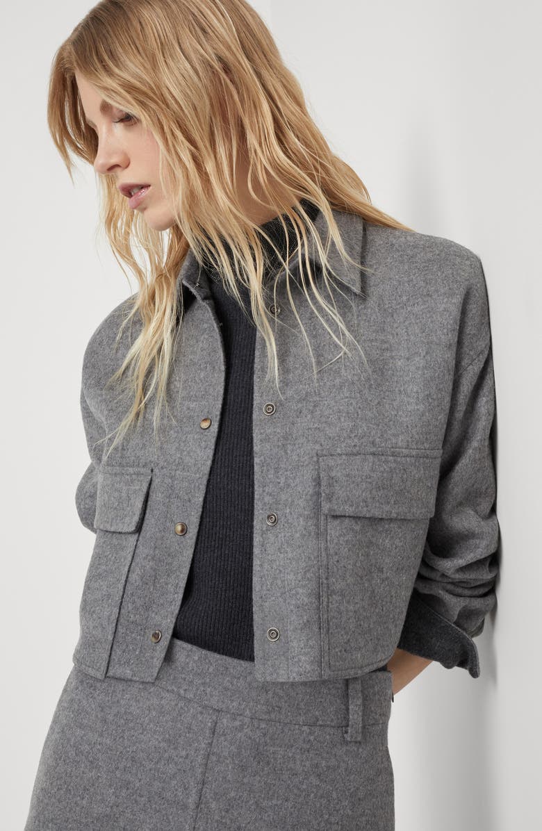 Brunello Cucinelli Virgin wool double cloth cropped shirt-style outerwear jacket with shiny tab, Alternate, color, 