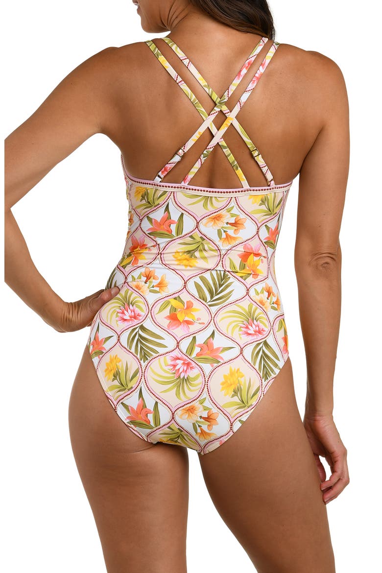 Palm Lace-Up Underwire One-Piece Swimsuit, Alternate, color, WHITE MULTI