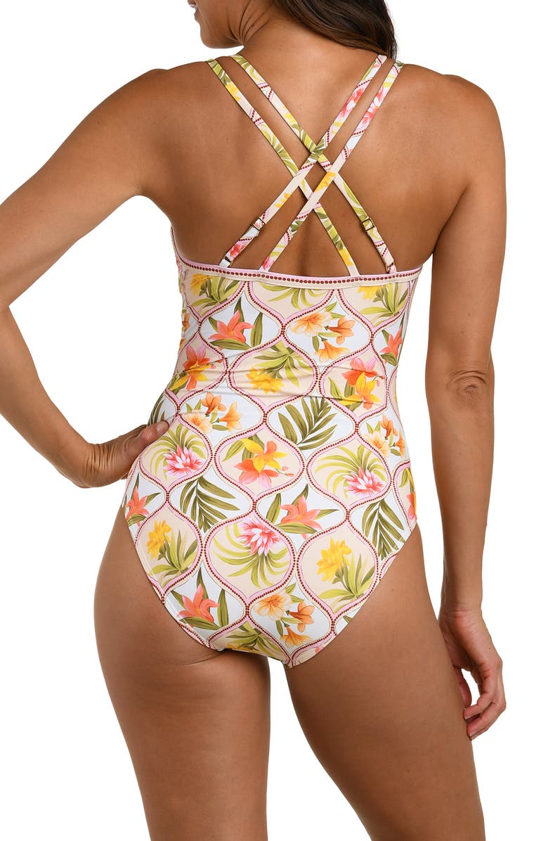 La Blanca Palm Lace-Up Underwire One-Piece Swimsuit, Alternate, color, White Multi