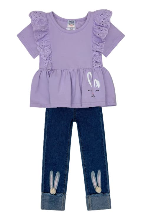 Girls Lilac Love Bunny Top and Embroidered Denim Set (Toddler, Little Kid & Big Kid)