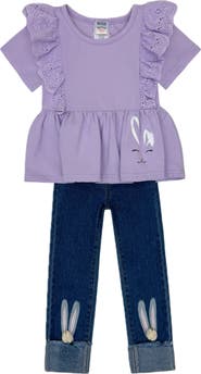 Mia Belle Girls Girls Lilac Love Bunny Top and Embroidered Denim Set
