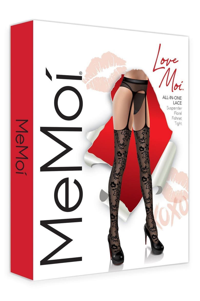All-in-One Lace Suspender Tights, Alternate, color, BLACK