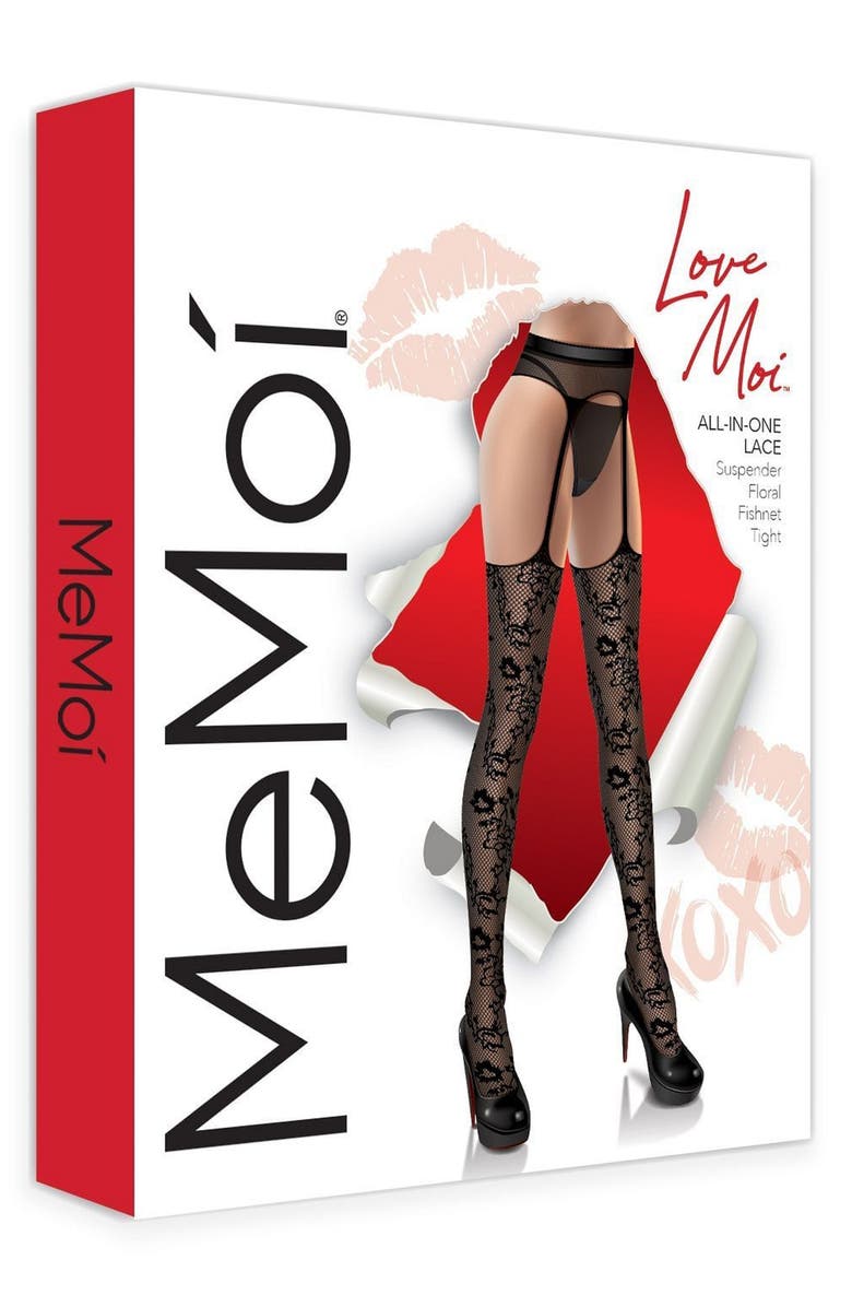 MeMoi All-in-One Lace Suspender Tights, Alternate, color, Black