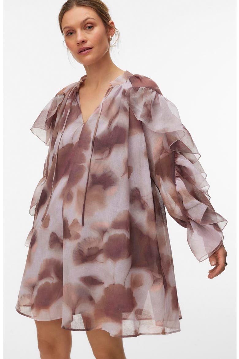 Sabrina Print Split Neck Ruffle Trim Dress, Alternate, color, WISTFUL MAUVE AOPMARIE