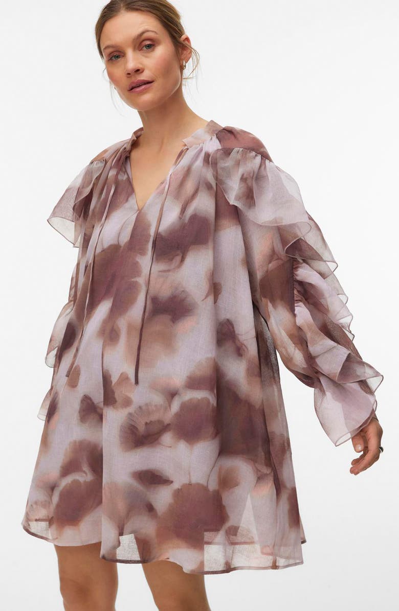 VERO MODA Sabrina Print Split Neck Ruffle Trim Dress, Alternate, color, Wistful Mauve Aopmarie