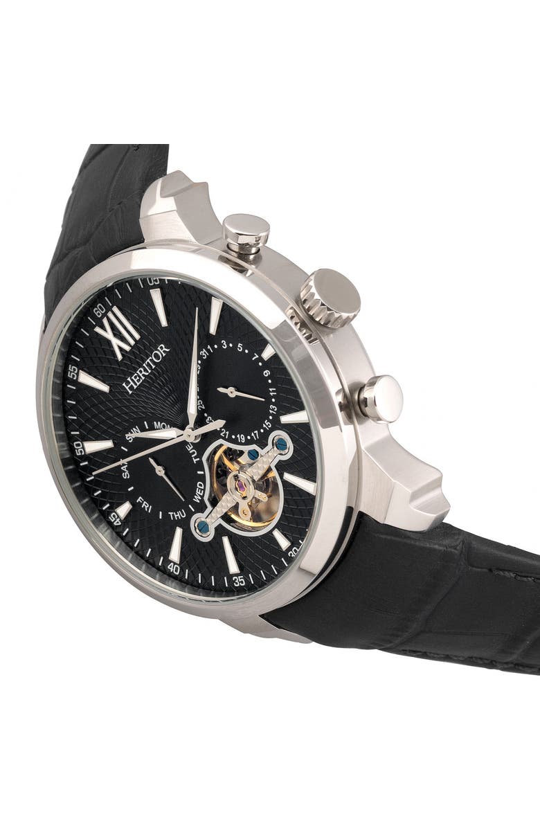 Heritor Automatic Arthur Semi-Skeleton Leather-Band Watch w/ Day/Date, Alternate, color, Silver/Black