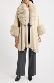 SURELL Faux Fur Trim Knit Ruana