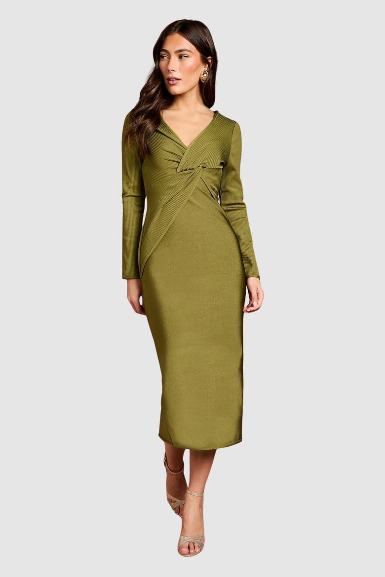 Bandage Twist Front V-Neck Midi Dress, Main, color, Olive