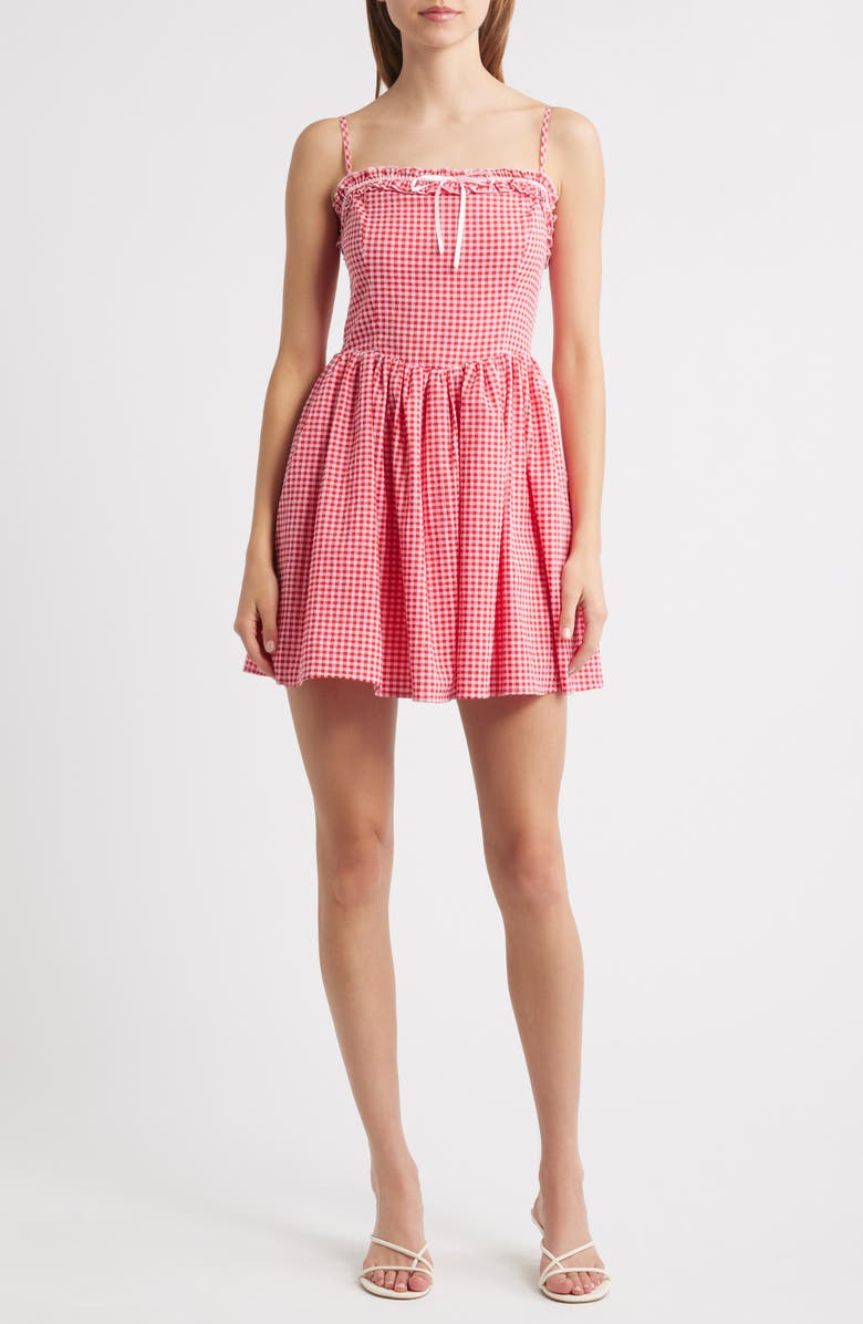 All in Favor Cotton Blend Gingham Minidress, Main, color, Red Gingham