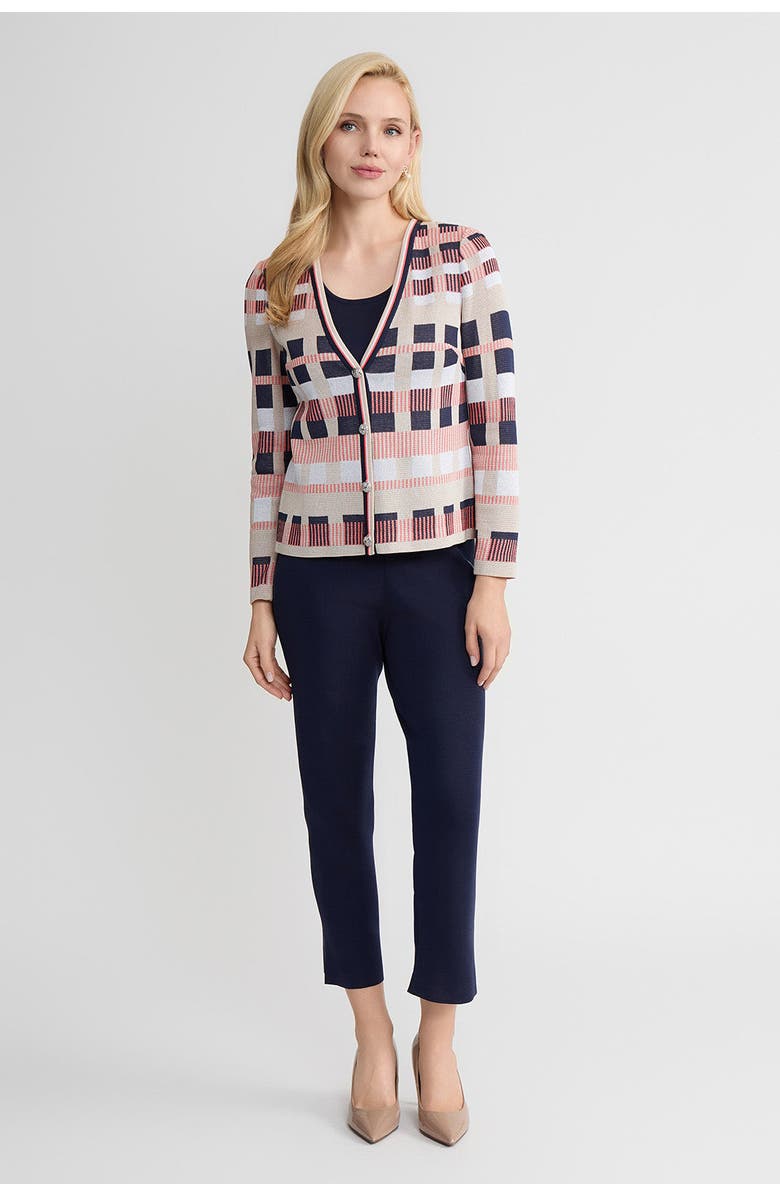 Ming Wang Heritage Jacquard Colorblock Knit Cardigan, Alternate, color, Sunkist Coral/Indigo/Tan