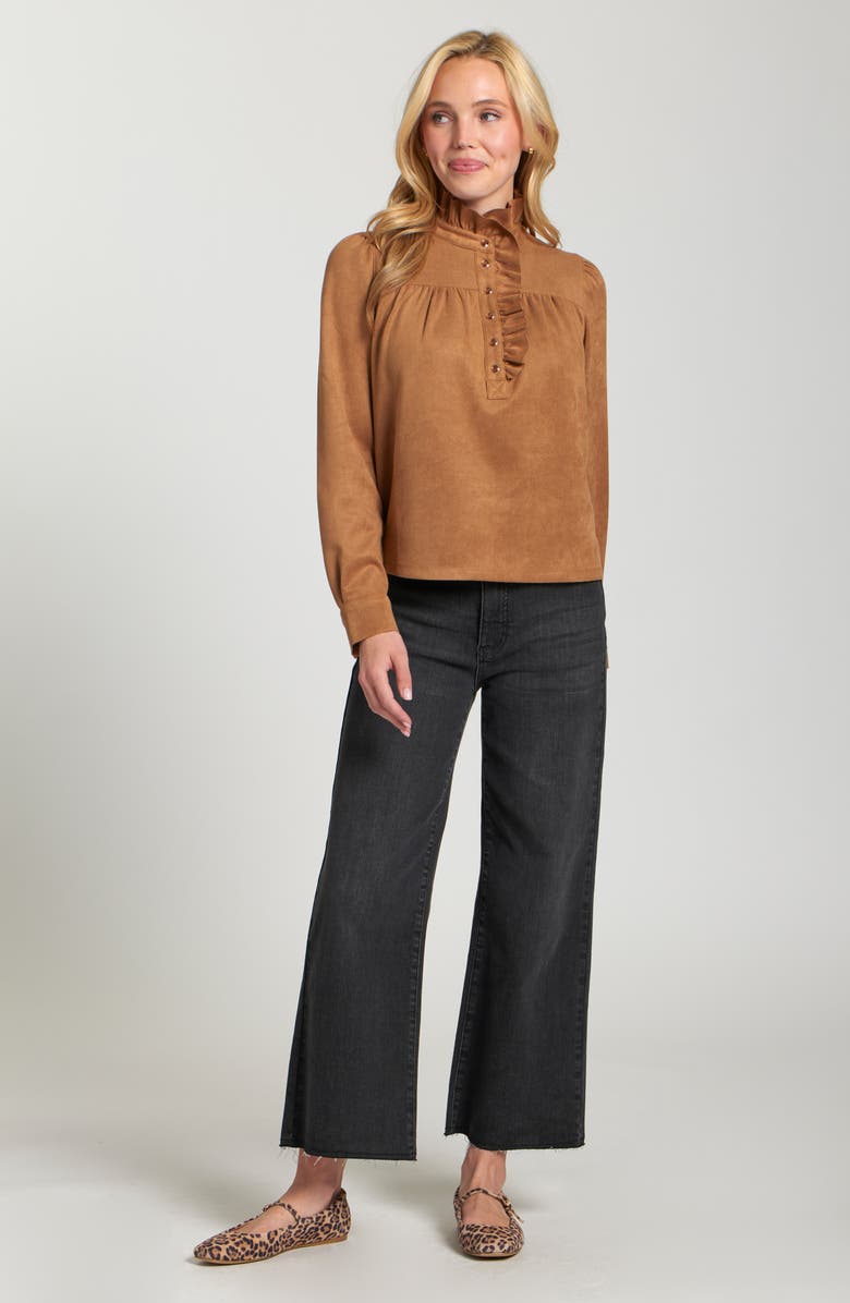 APNY Ruffle Snap Front Faux Suede Top, Alternate, color, Caramel