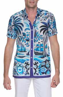 RANEES Extra Trim Fit Print Linen & Cotton Camp Shirt