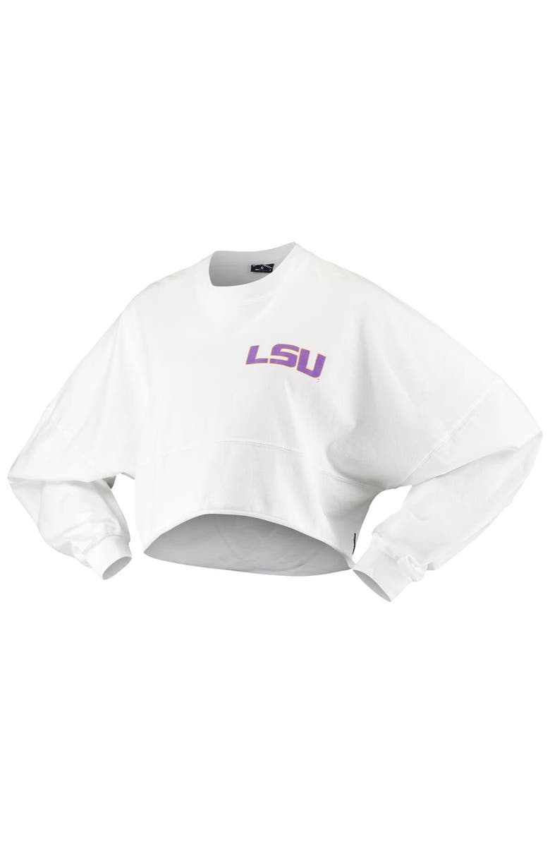 SPIRIT JERSEY Women's White LSU Tigers Raw Hem Cropped Spirit Jersey Long Sleeve T-Shirt, Alternate, color,