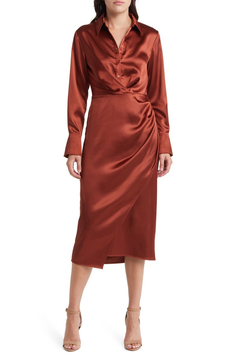 Mila Mae Long Sleeve Satin Shirtdress, Main, color, 