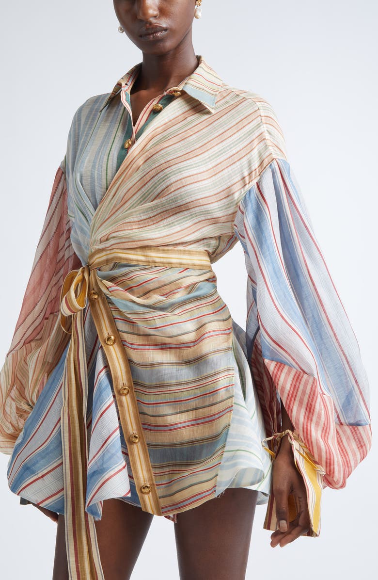 Zimmermann Rebellion Asymmetric Stripe Long Sleeve Linen & Silk Shirtdress, Alternate, color, Spliced Stripes