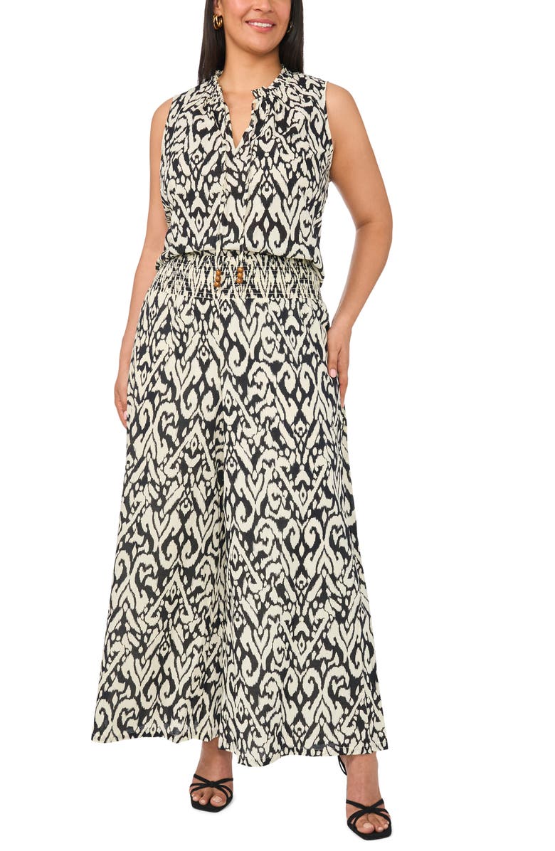 Vince Camuto Smocked Waist Crop Wide Leg Cotton Pants, Alternate, color, Rich Black