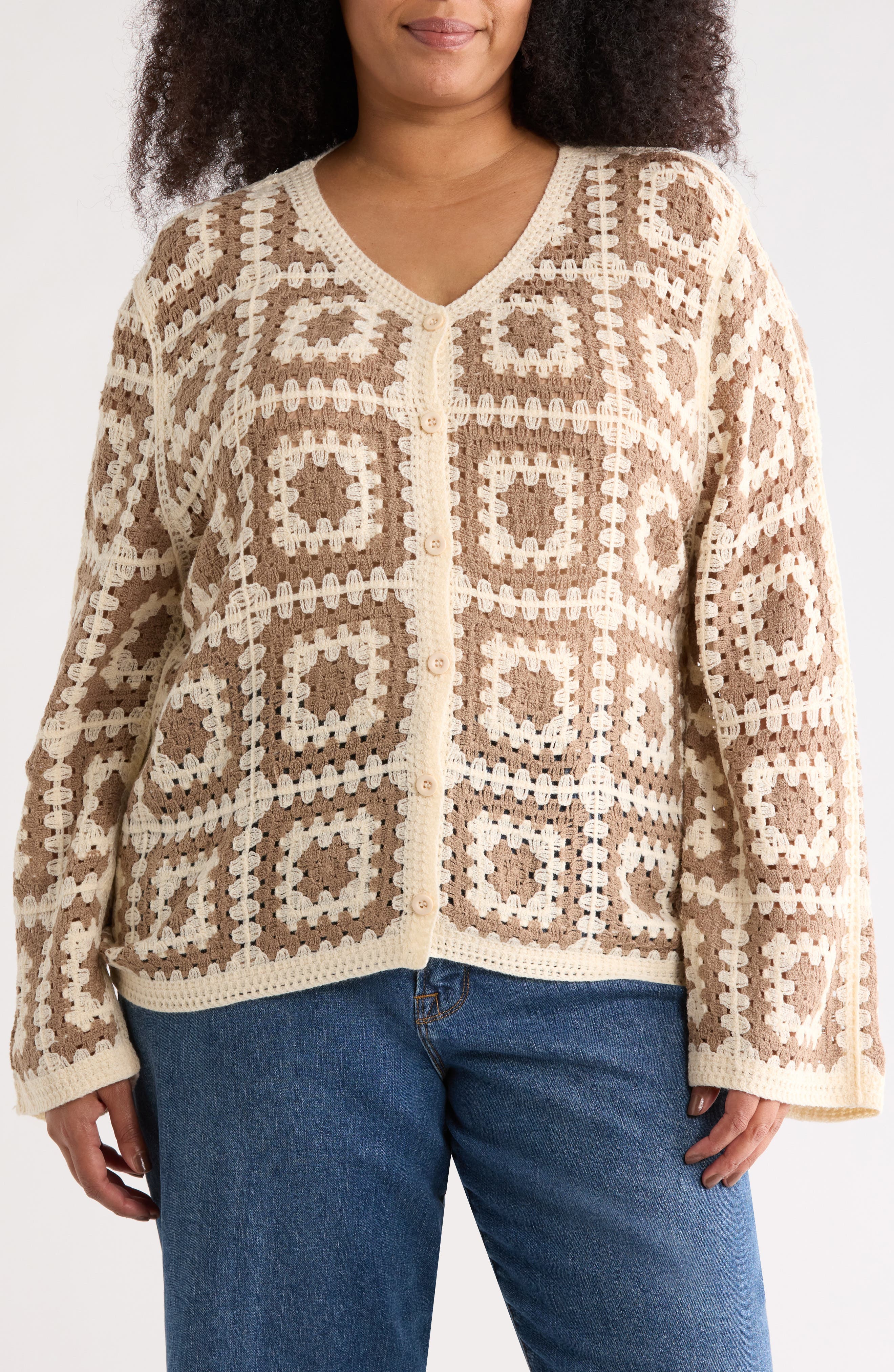 Forgotten Grace Crochet Square Open Knit Cardigan