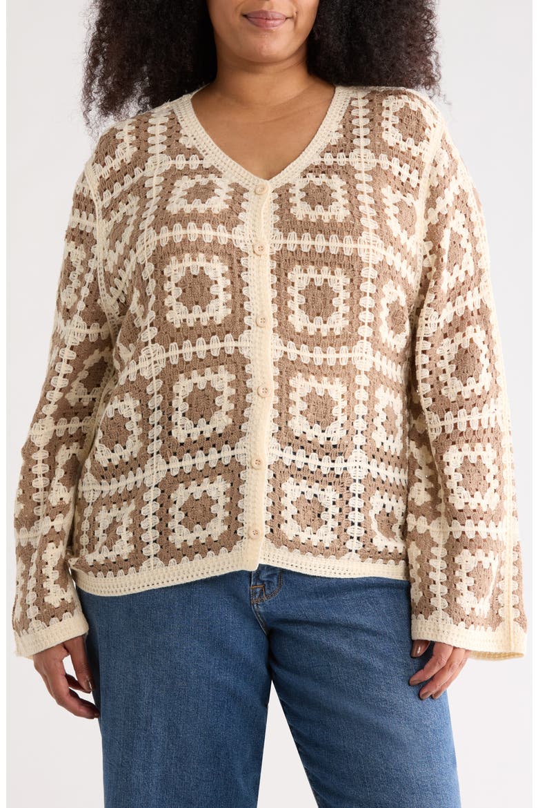 Crochet Square Open Knit Cardigan, Main, color, MOCHA/ IVORY