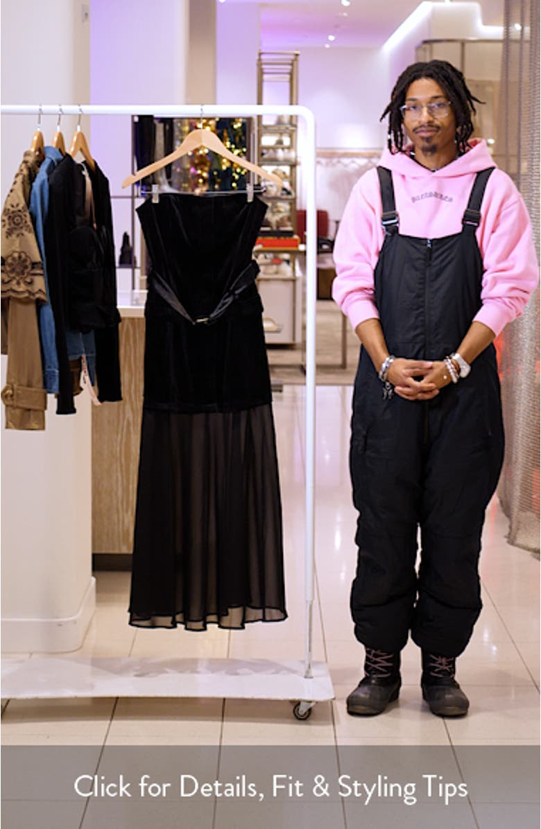 Strapless Belted Semisheer Velvet Midi Dress, sales video thumbnail