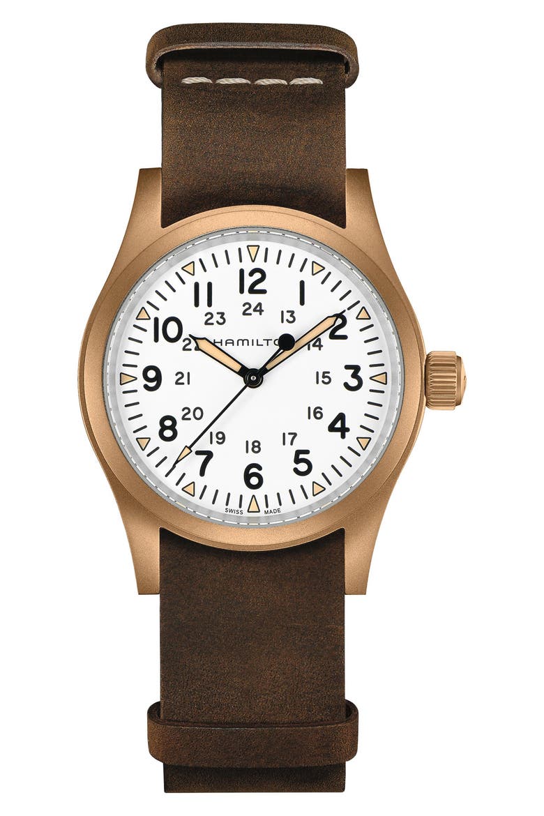 Khaki Field Mechanical Leather Strap Watch, 38mm, Main, color, WHITE