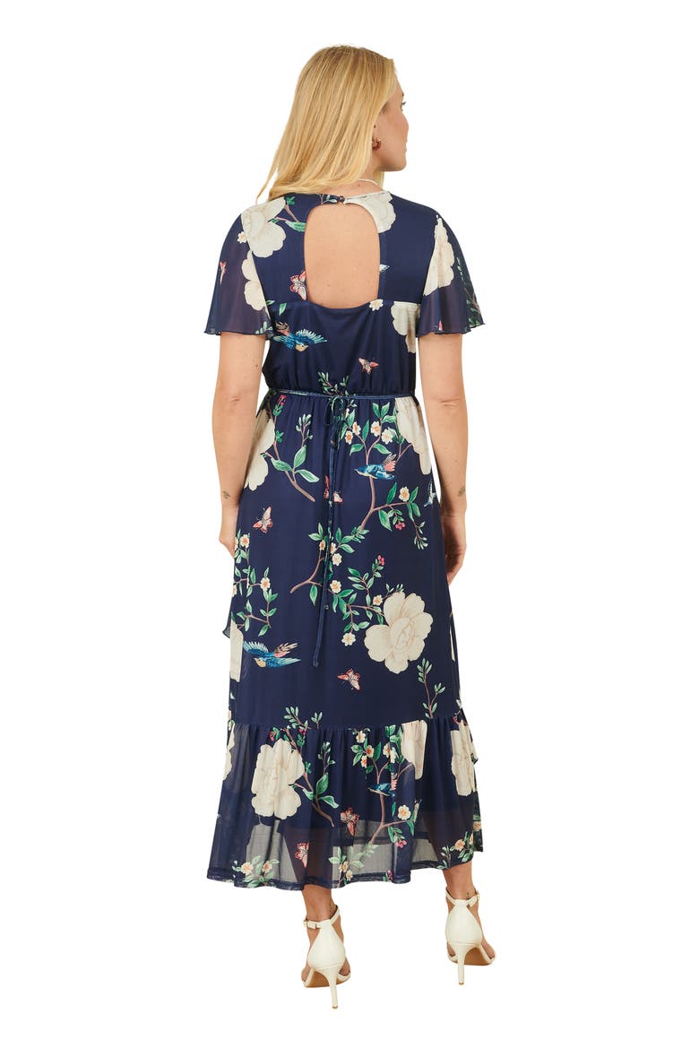 Mesh Bird And Floral Print Midi Dress, Alternate, color, Navy