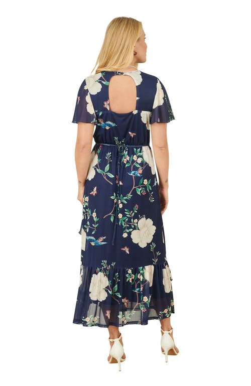 Yumi Mesh Bird And Floral Print Midi Dress In Blue