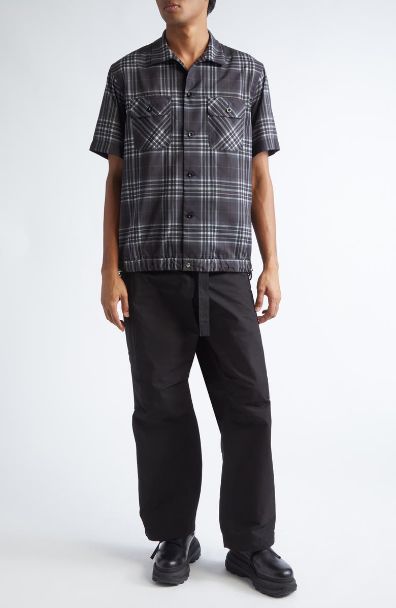 Sacai Plaid Drawcord Hem Camp Shirt, Alternate, color, Black