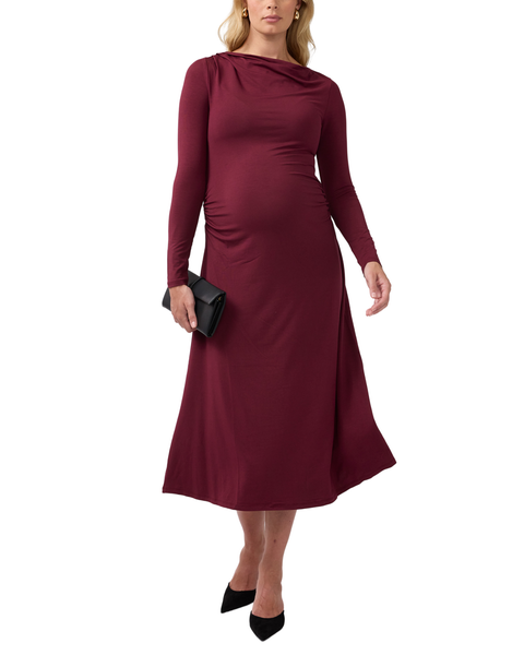 Ruched Long Sleeve Mock Neck Maternity Midi Dress