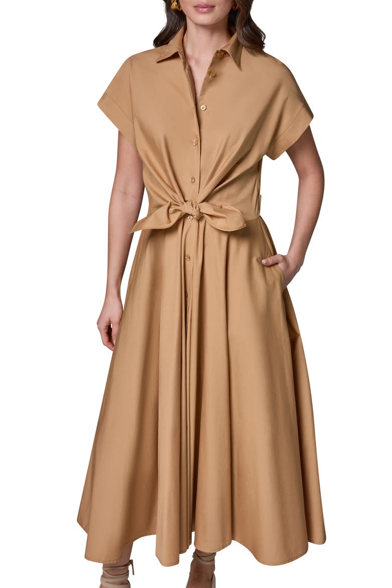 Tie Waist Short Sleeve Stretch Cotton Midi Shirtdress, Alternate, color, FAWN