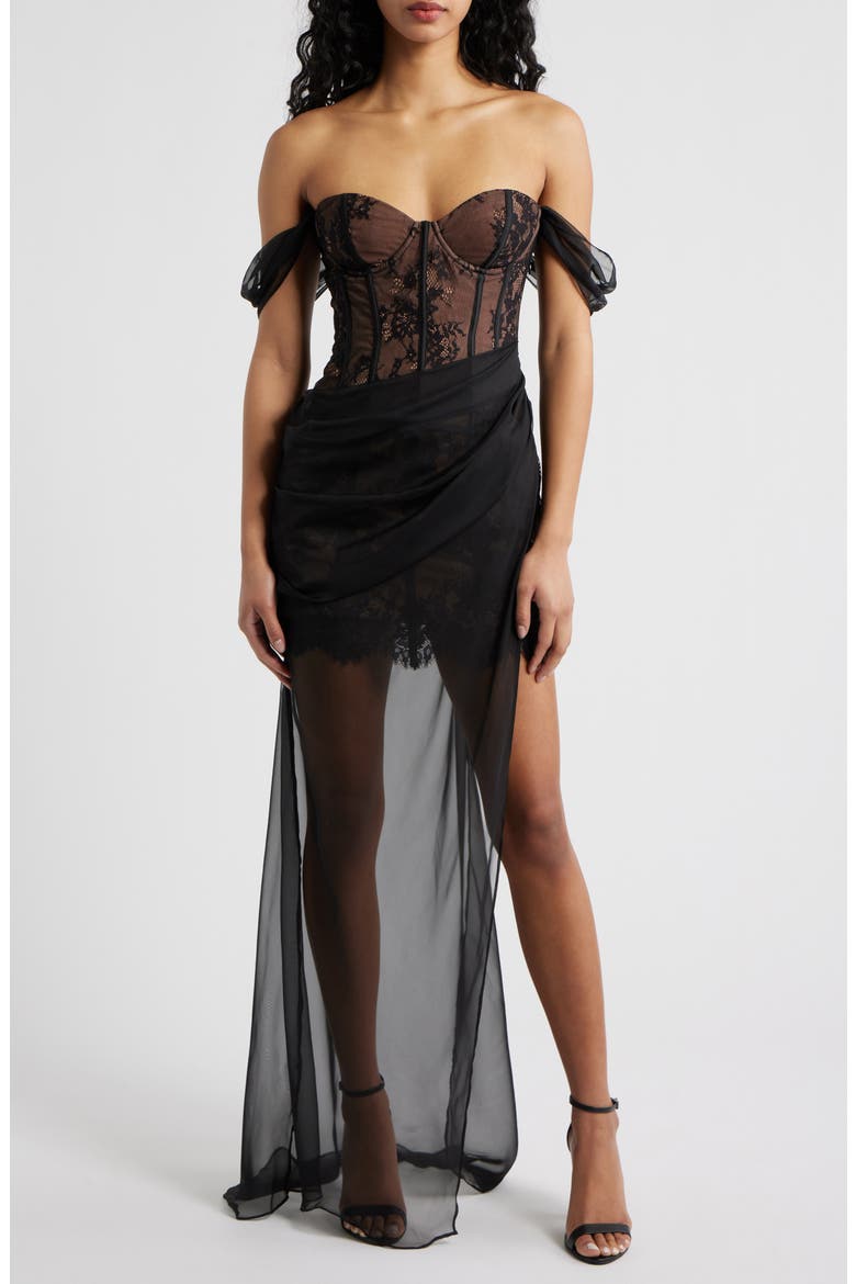 Debutante Off the Shoulder Mixed Media Gown, Main, color, BLACK