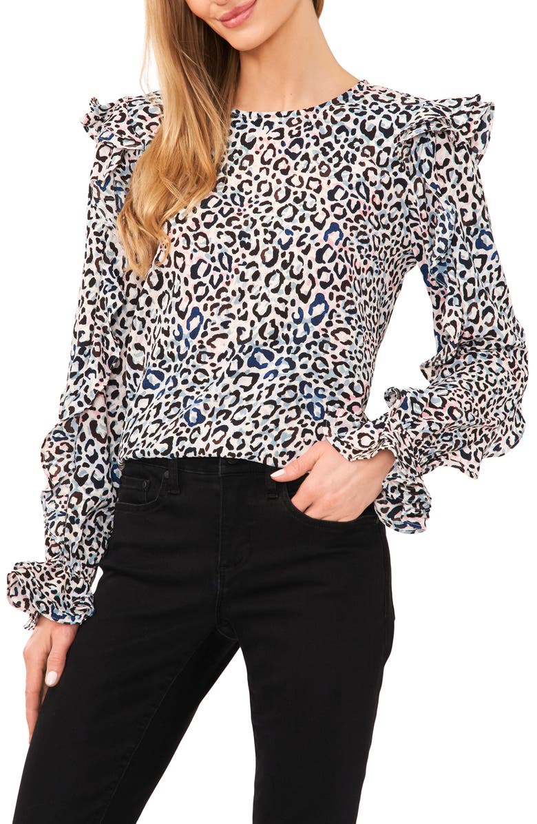CeCe Leopard Print Ruffle Sleeve Crepe Top, Main, color, 
