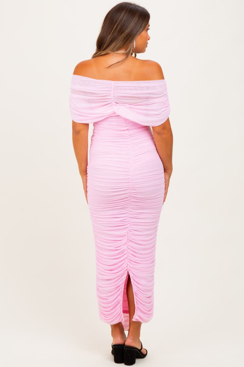 Ruched Mesh Foldover Off Shoulder Maxi Dress, Alternate, color, Light Pink