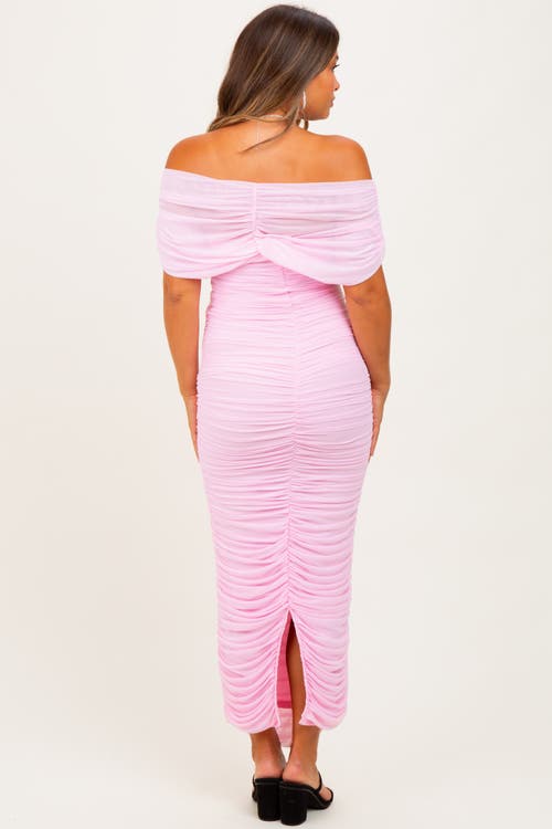 Pinkblush Ruched Mesh Foldover Off Shoulder Maxi Dress In Pink