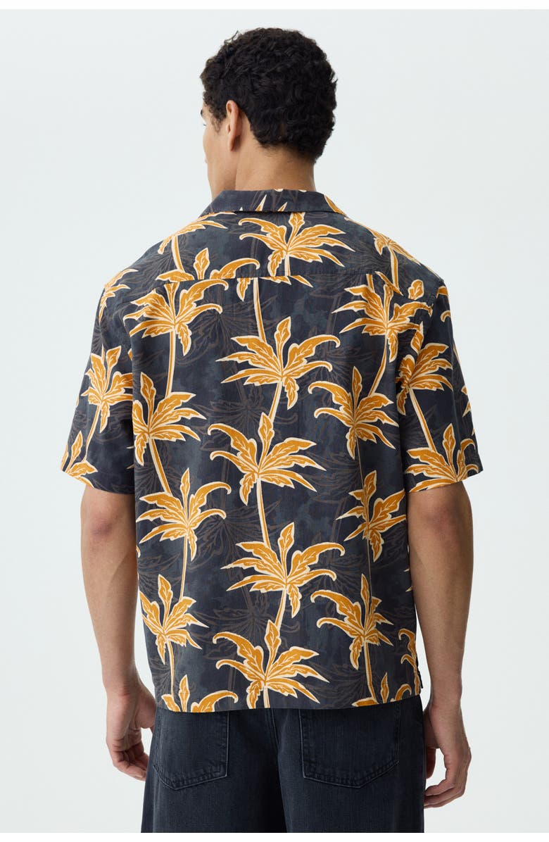 H&M Relaxed Fit Cotton Resort Shirt, Alternate, color, Black/Palm Trees