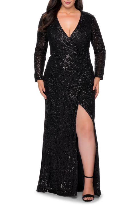Long Sleeve Sequin Plus Size Dress with Slit