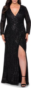 La Femme Long Sleeve Sequin Plus Size Dress with Slit
