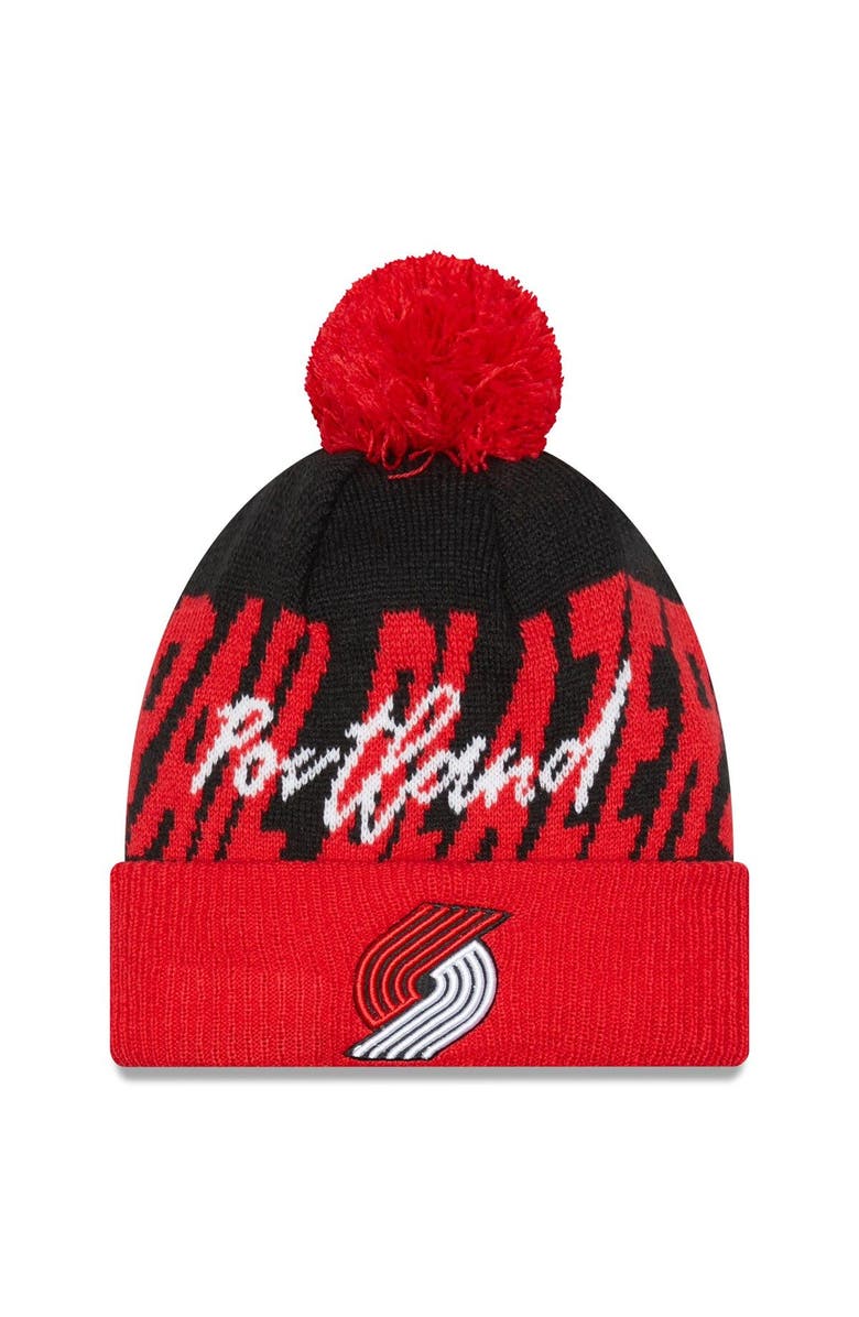 New Era Men's New Era Black/Red Portland Trail Blazers Confident Cuffed Knit Hat with Pom, Main, color, 