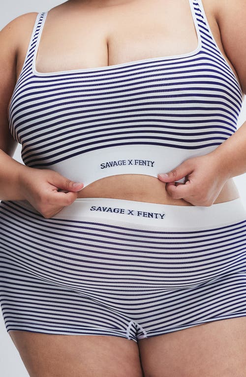 Savage X Fenty Seamless Stripe Boyshorts In Hazy White/dark Stormy Blue