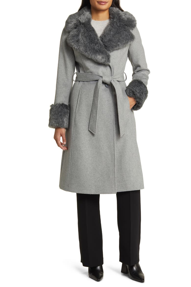 Wool Blend Belted Coat with Faux Fur Trim, Main, color, HEATHER GREY