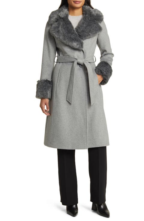 Wool Blend Belted Coat with Faux Fur Trim
