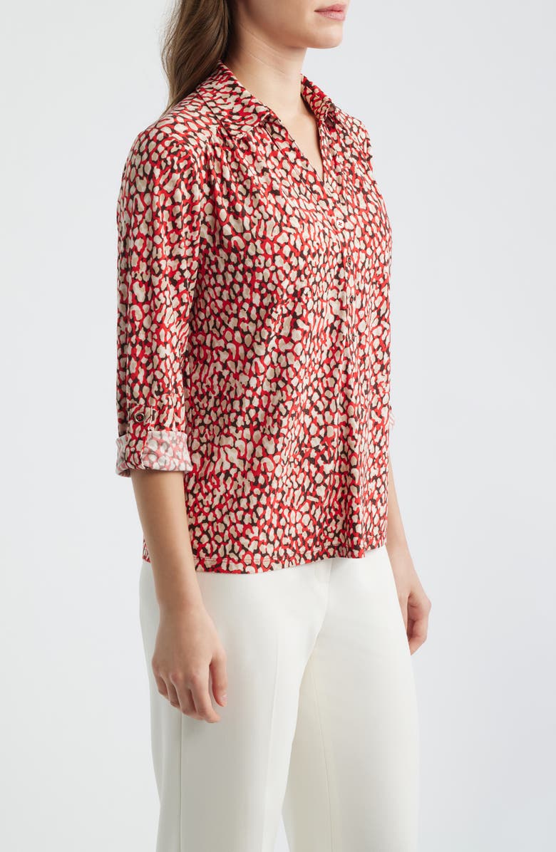 AK ANNE KLEIN Abstract Print Button-Up Shirt, Alternate, color, Begonia Red Mlt