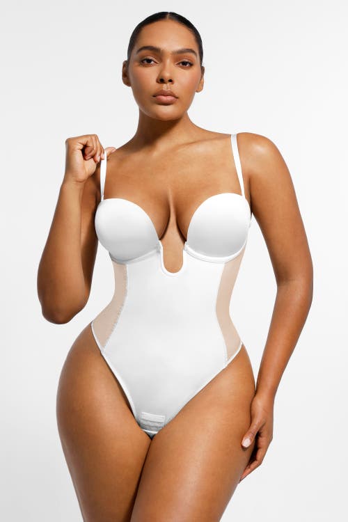 Shapellx Airslim Deep Plunge Low-back Thong Bodysuit In Crimson Red