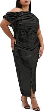 City Chic Shimmy Ruched One-Shoulder Midi Cocktail Dress