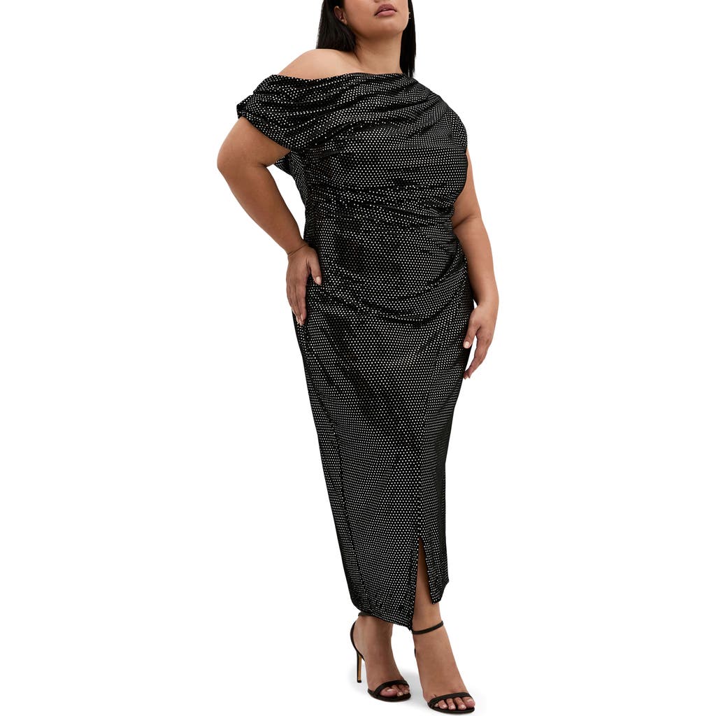 City Chic Shimmy Ruched One-shoulder Midi Cocktail Dress In Black