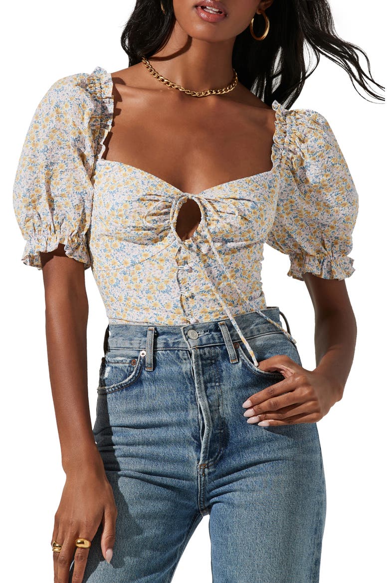 Floral Keyhole Puff Sleeve Top, Main, color, PINK YELLOW FLORAL