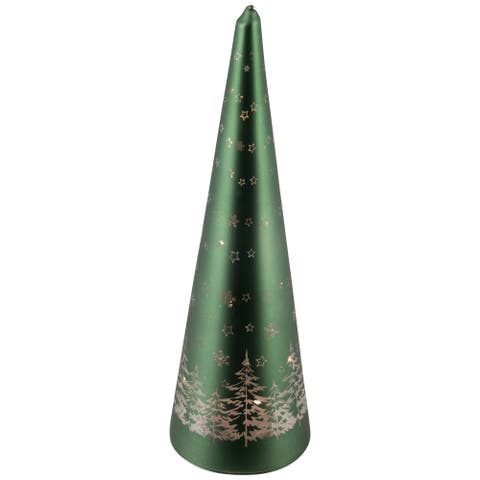 LED Lighted Snowy Forest Glass Christmas Cone Tree Decoration  - 11.5"
