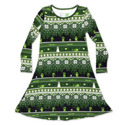 Kids' Minecraft Creeper Holiday Long Sleeve Dress