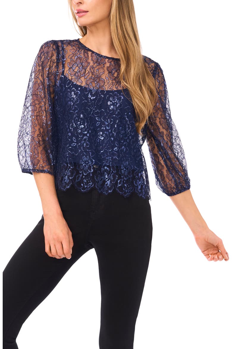 Metallic Floral Lace Top, Main, color, CLASSIC NAVY